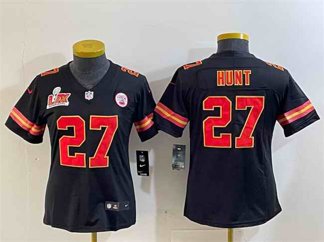 Women's Kansas City Chiefs #27 Kareem Hunt Black 2025 Super Bowl LIX Patch Vapor Untouchable Limited Stitched Football Jersey(Run Small)